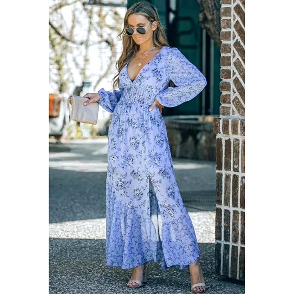 LAST ONE! Plus Size DREW Blue Floral Print Maxi Dress With Bubble Sleeves - Picture 3 of 7
